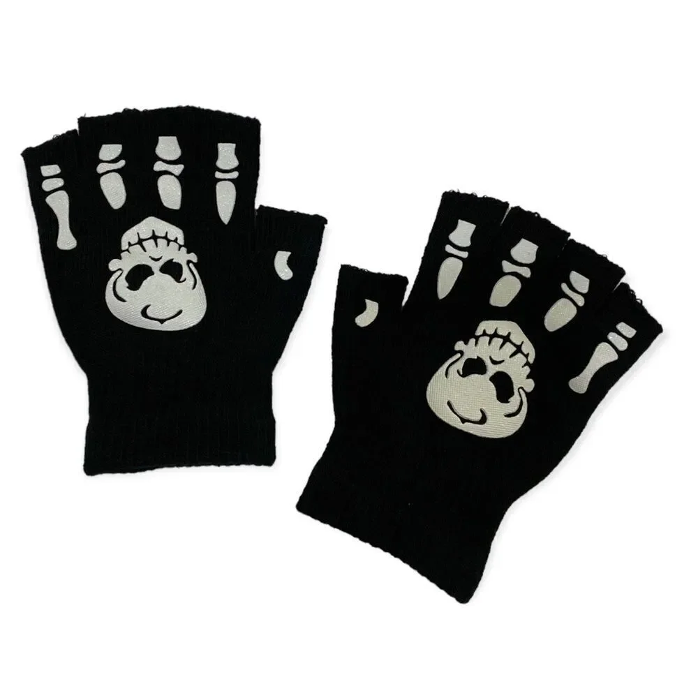 Gothic Glow In The Dark Skulls Black Knit Cover Fingerless Gloves NEW